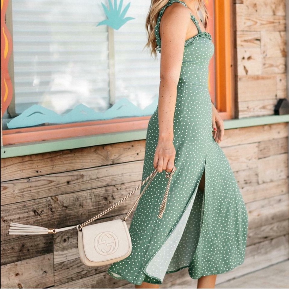 Reformation Arielle Green Polka Dot Midi Dress